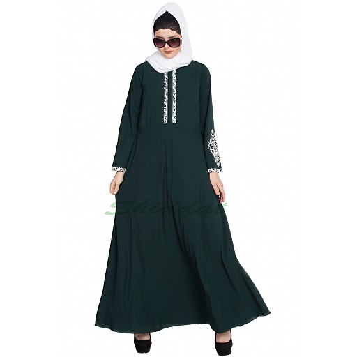 Embroidered Umbrella abaya- Bottle Green